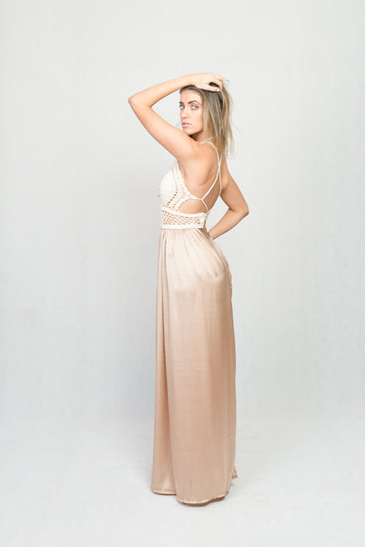 Hand Made Crochet Dress Dropped With Light Gold Hammered Satin