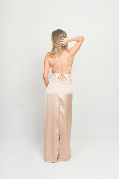 Hand Made Crochet Dress Dropped With Light Gold Hammered Satin