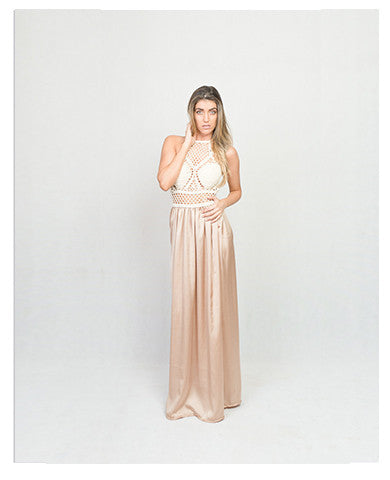 Hand Made Crochet Dress Dropped With Light Gold Hammered Satin